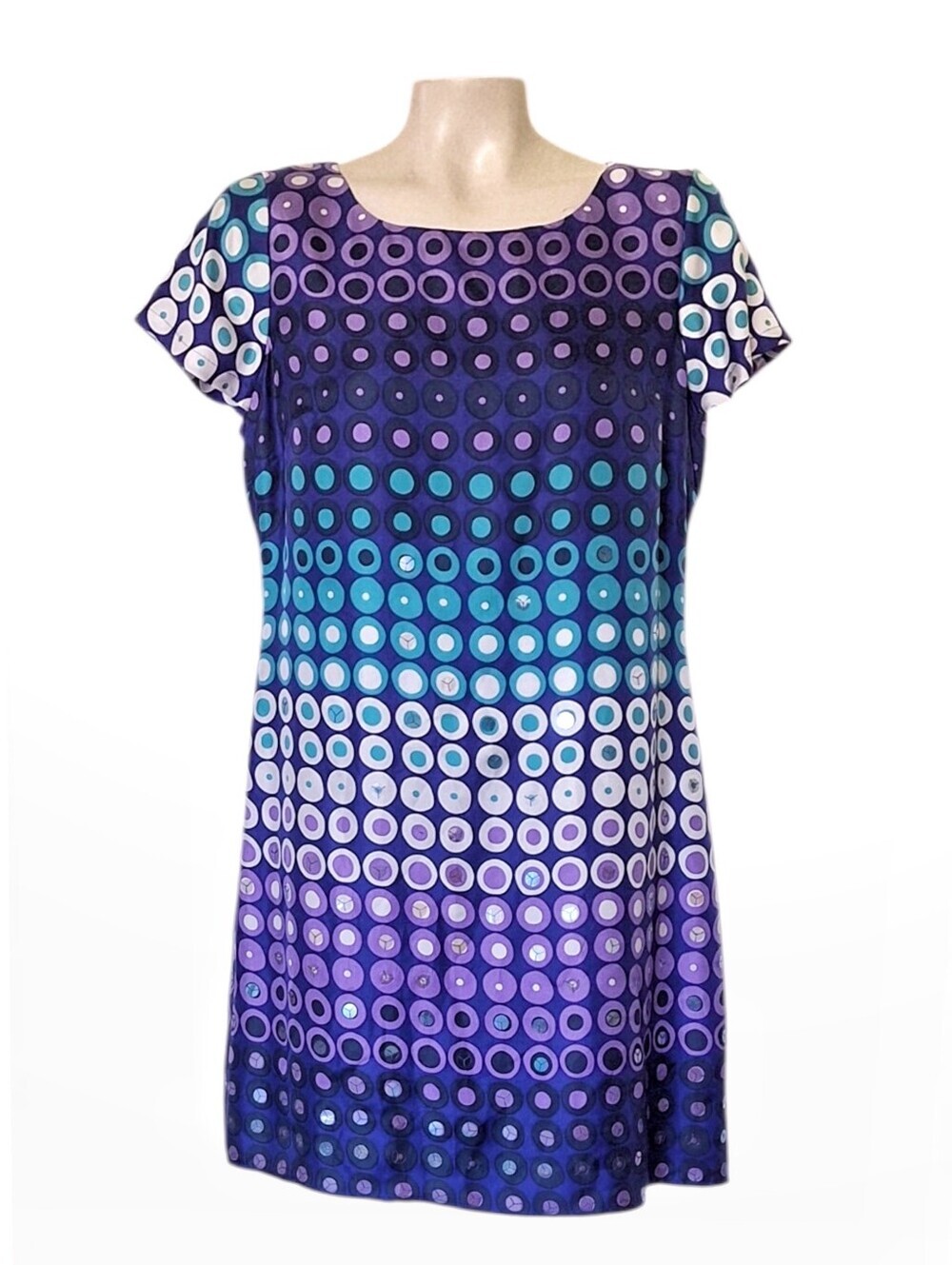 Boden Silk Dress Iridescent Sequin Circle Print Purple Teal Blue M - Picture 2 of 9